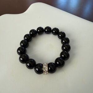 Gorgeous Shiny Black Glass Bead Bracelet with Gold and Rhinestone Accent